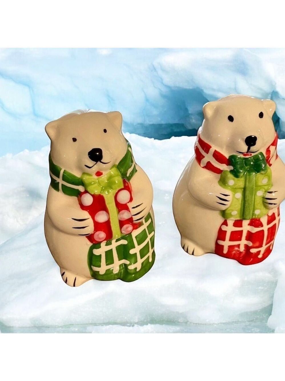 Vintage Christmas Polar Bear Salt Pepper Shakers Scarf Presents